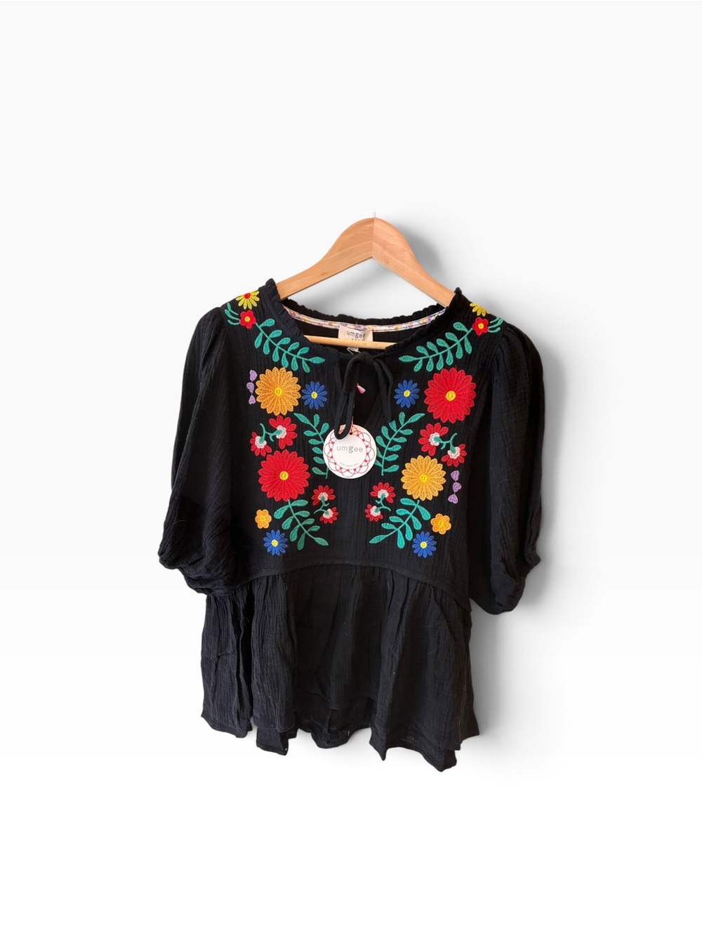 Umgee Black Gauze Embroidered Top